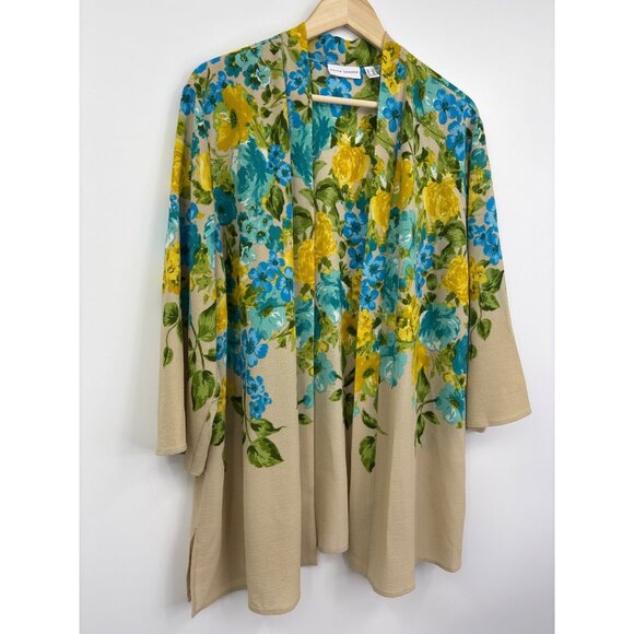 Susan Graver Textured Stretch Woven Floral Print Open Front Cardigan 1X - Picture 2 of 6